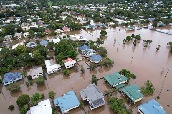 A drone view of houses in Lismore, northern NSW, surrounded by floodwater on March 31, 2022. 