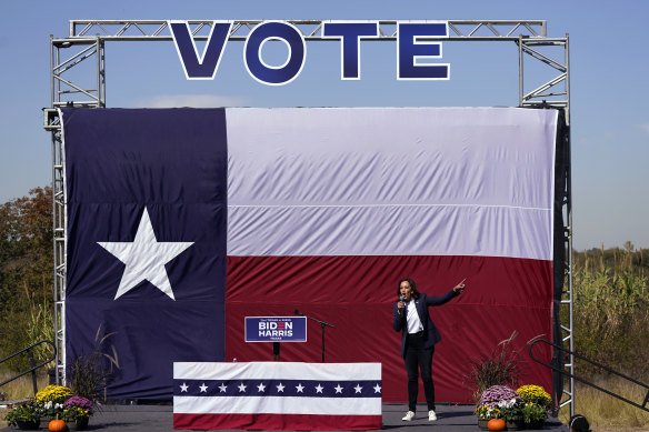 Democratic vice presidential candidate Senator Kamala Harris speaks at a campaign in Fort Worth, Texas. 