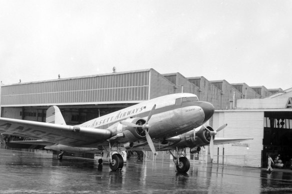 An Ansett DC-3 model airplane at Essendon Airport in 1956.