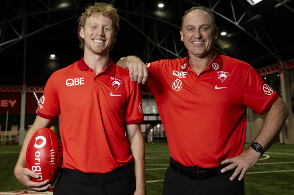 Swans captain Callum Mills with head coach John Longmire.