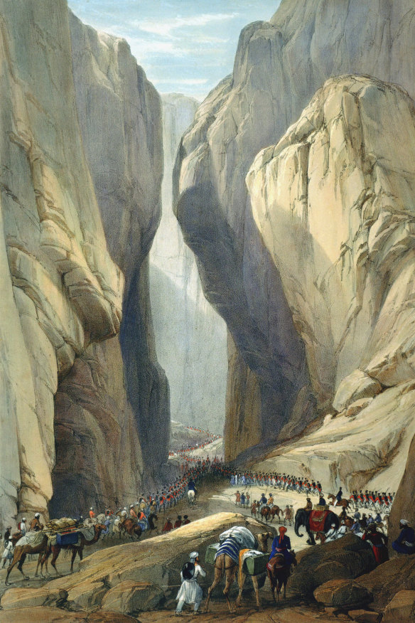 A depiction by army surgeon James Atkinson of British troops entering Afghanistan through the Bolan Pass in 1839.  They were massacred in a retreat to the Khyber Pass three years later.