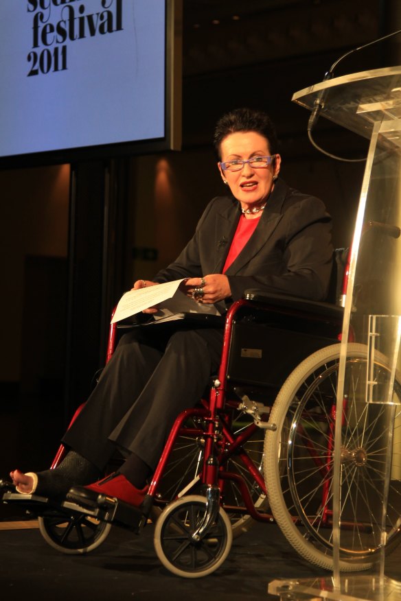 Moore in 2010 after fracturing her ankle in a fall on Ride to Work Day.
