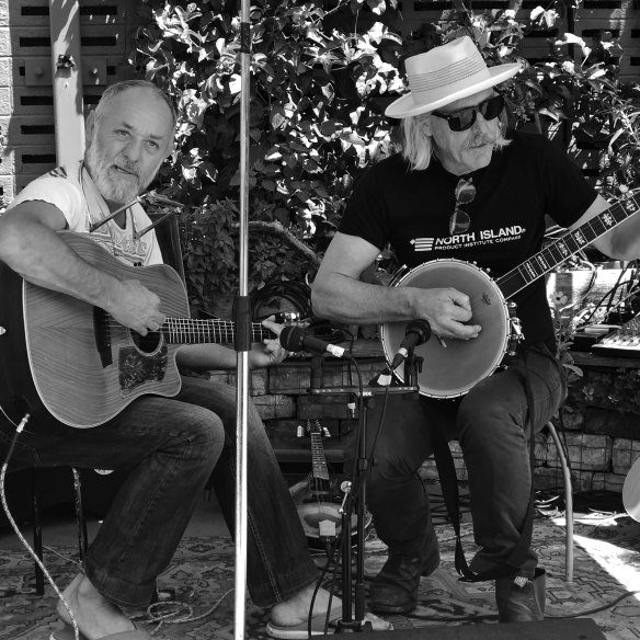 Morrell, right, playing in a band with fellow actor David Field at a charity event in 2018. 