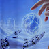 Visitors walk past a display depicting artificial intelligence and a human hand at the China International Supply Chain Expo in Beijing,