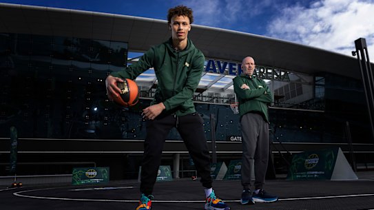 Dyson Daniels (left) with Boomers coach Brian Goorjian.