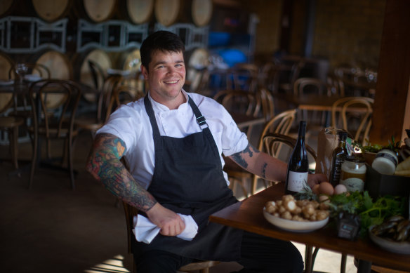 Chef Zach Tinsley with produce for his pop-up lunch at Avani Winery, Red Hill South.