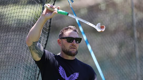 England coach Brendon McCullum with a sidearm thrower, or wanger, at a nets training session last year.
