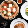 Margherita pizza and burrata caprese salad.