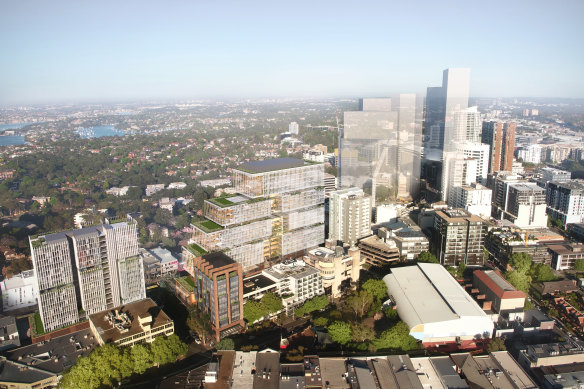 Reference designs for the 17-level residential tower (left) and 21-level commercial tower (centre)  developments for Crows Nest metro rail station in Sydney. The white shapes to the right indicate heights of future buildings envisaged in the precinct.