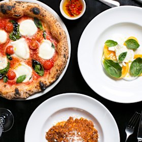 Margherita pizza and burrata caprese salad.
