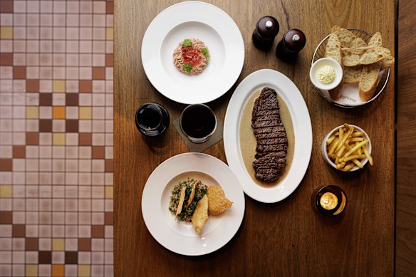 Wagyu sirloin, chicken liver parfait with rose jelly, and beef tartare.