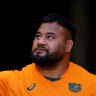 SYDNEY, AUSTRALIA - JULY 20: Taniela Tupou of Australia looks on ahead of the International Test Match between Australia Wallabies and Georgia at Allianz Stadium on July 20, 2024 in Sydney, Australia. (Photo by Jason McCawley/Getty Images)