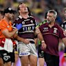 Manly’s Jake Trobjevic leaves the field on Saturday night.