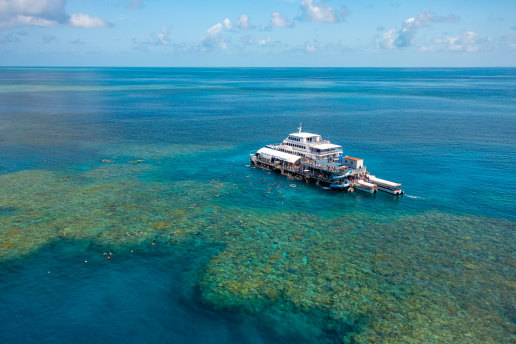 Aerial view of Sunlover Reef Cruise moored at Moore Reef pontoon