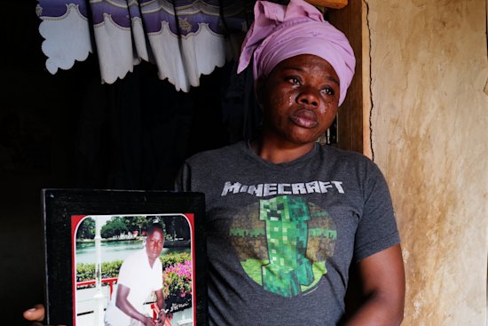 Teni Ghaatuon, mourns her husband, James Nbalebna, who died aged 21 from a mine blast by the Chinese mining company Shaanxi.