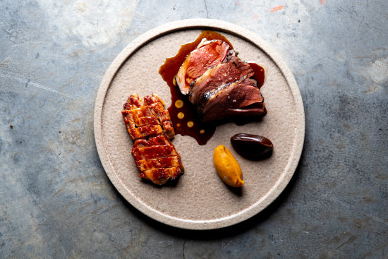 Margra lamb rump with glazed belly, pumpkin miso and black garlic at Longshore.