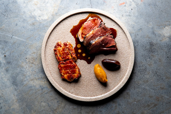 Margra lamb rump with glazed belly, pumpkin miso and black garlic at Longshore.