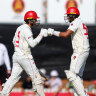 SA century-makers Alex Carey and Jason Sangha celebrate.