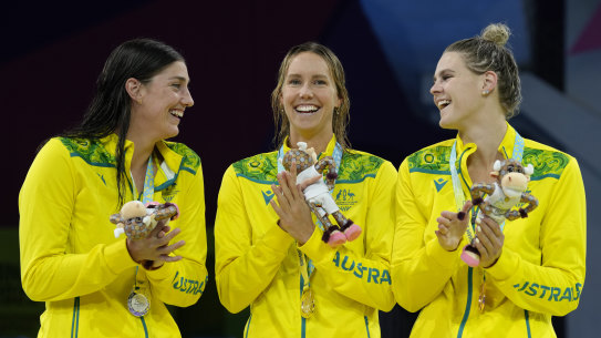 Record breaker Emma McKeon (centre) took gold with Meg Harris and Shayna Jack completing a sweep.