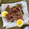 Prawn and chorizo skewers with quick mojo verde.