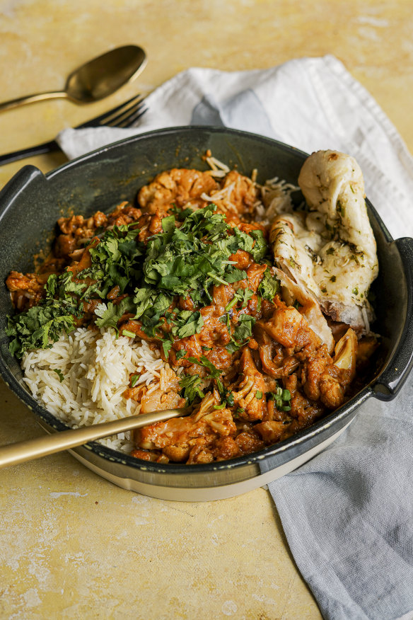 Cheat’s korma curry with cauliflower and halloumi.