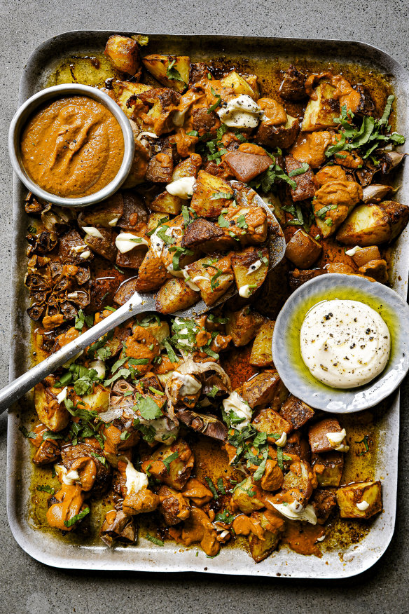 Patatas bravas with roast garlic aioli (right) and kind-of brava sauce (left).