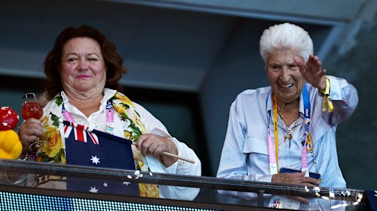 Gina Rinehart with Australian swimming legend Dawn Fraser at the 2024 Paris Olympics. 