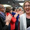 Premier Jacinta Allan receives a standing ovation at Labor’s state conference on Saturday.