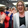 Premier Jacinta Allan receives a standing ovation at Labor’s state conference on Saturday.