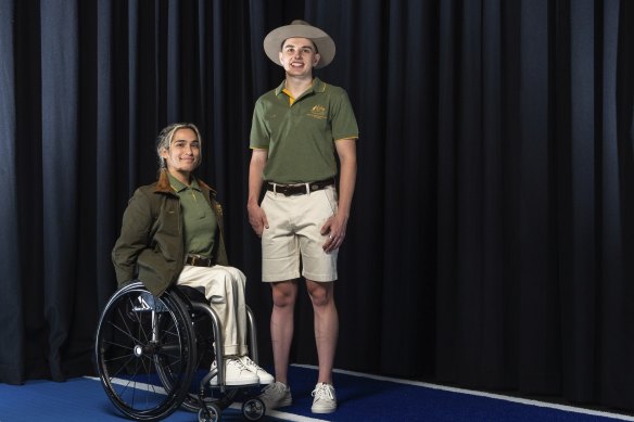 Athletes Gordon Allen (cycling) and Madison de Rozario (wheelchair racer) unveil the official uniforms by RM Williams for the Australian team at the Paralympic Games in Paris.
