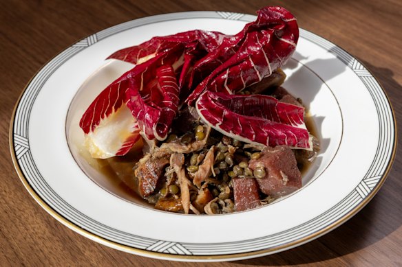 Duck and lentil ragu with quince, radicchio and celeriac puree.