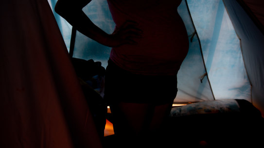 Gema Blasco inside her tent at Pioneer Park. 