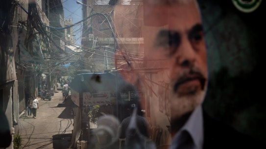 A poster of Hamas leader Yahya Sinwar in a Palestinian camp in Beirut.