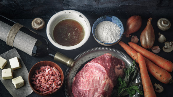 Ingredients for the French classic, beef Bourguignon.