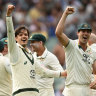 Sam Konstas and Pat Cummins of Australia celebrate victory.