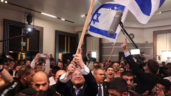 Far-right Israeli MP Itamar Ben-Gvir celebrates after the first exit poll results for the November 1 Israeli elections.