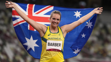 Kelsey-Lee Barber, of Australia celebrates taking the bronze.