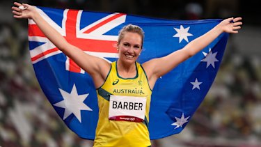 Kelsey-Lee Barber, of Australia celebrates taking the bronze.