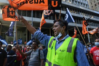Bus drivers protest over pay and working conditions at a rally in Martin Place on Monday.