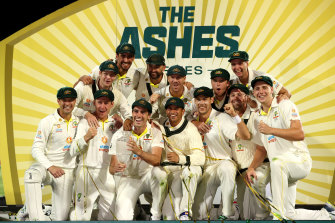 The Australian team celebrating their Ashes win.