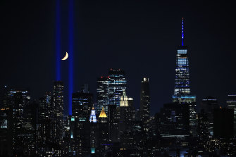 The Tribute In Light shines up from Lower Manhattan on September 11, 2021 in New York City. 