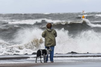 Half Moon Bay being buffeted this morning by strong winds and large waves.