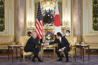 US President Joe Biden (left) and Japanese Prime Minister Fumio Kishida during a summit meeting on Monday.
