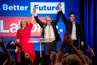 Albanese celebrating victory with his partner Jodie Haydon and son, Nathan. The government has only changed eight times since World War II.