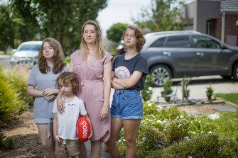 Wyndham mum Eliza Berry with her children, Zoe, 12, Amelie, 13, and Edward, 6, who know all about the overcrowding of schools in the rapidly growing region.

