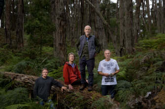 Local residents Neil Rankine, Catherine Watson, Tim O’Brien and Tim Herring in the Western Port Woodlands, some of which will be cleared for the sand mine expansion.