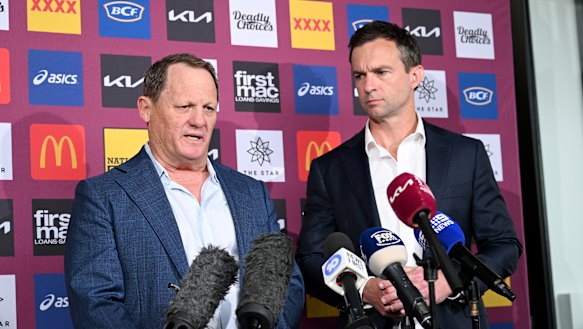 Kevin Walters and Broncos CEO Dave Donaghy address the media.