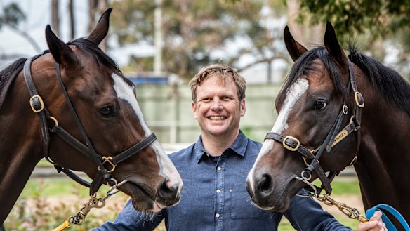 Warwick Farm trainer Bjorn Baker with his two The Everest runners Overpass and Shades Of Rose.