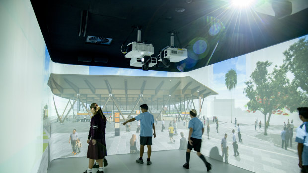 The virtual reality fly-through room shows visitors how Cross River Rail will impact the city.