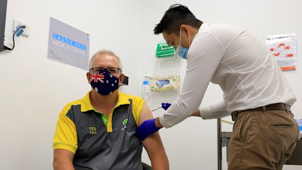 Prime Minister Scott Morrison receives the COVID-19 vaccine on Sunday.